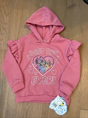 Bluey Toddler Girls Pink Ruffle Sleeve 'Best Day Ever' Hooded Sweatshirt